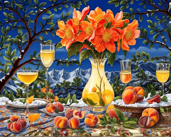 Still Life with Orange Flowers and Mountain View