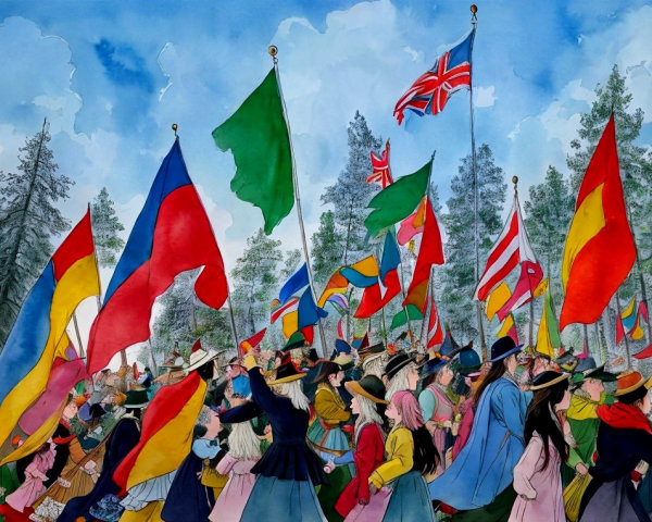Colorful Parade with Diverse Crowd and National Flags