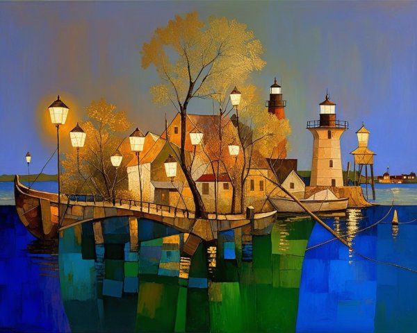 Vibrant Waterfront Village with Lanterns at Dusk