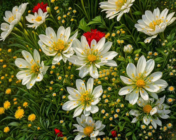 Vibrant Garden Scene with Colorful Flowers and Foliage