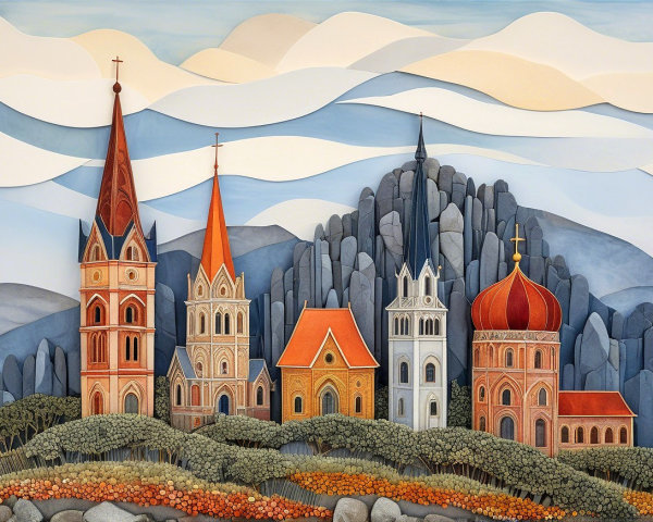 Whimsical Layered Landscape with Stylized Churches