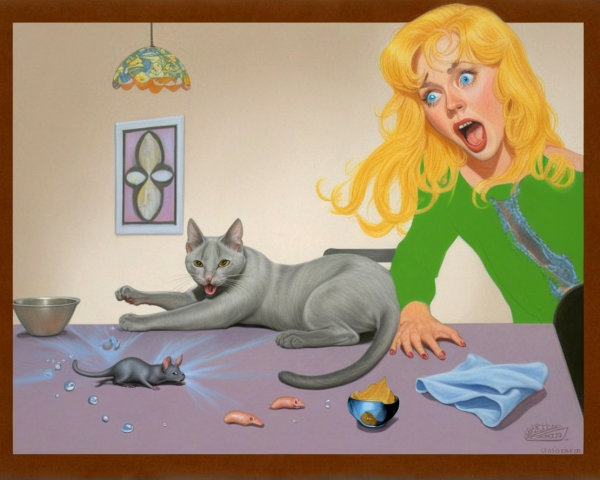 Surreal Scene of Woman and Playful Gray Cat