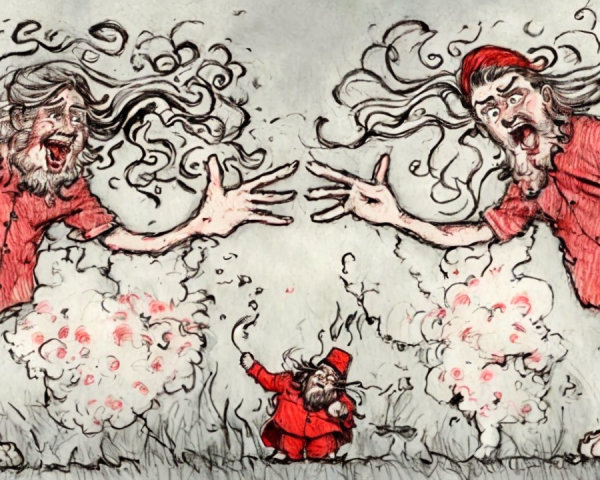 Two towering figures with wild hair in a chaotic scene