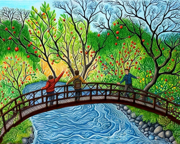 Children on a Bridge Over a Stream in a Colorful Landscape
