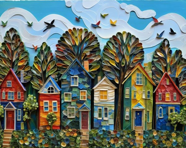 Colorful Houses Surrounded by Lush Trees and Sky