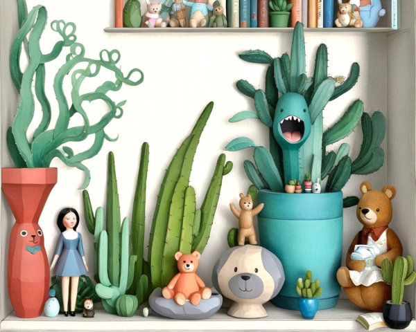 Whimsical Shelf with Colorful Decor and Plants