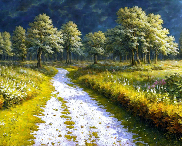 Winding Dirt Path Through Lush Greenery and Wildflowers