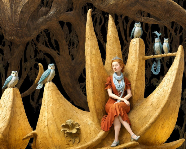 Young Woman in Orange Dress Surrounded by Owls