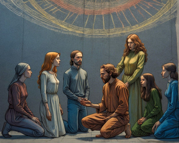 Gathering of Six in Dimly Lit Spiritual Setting