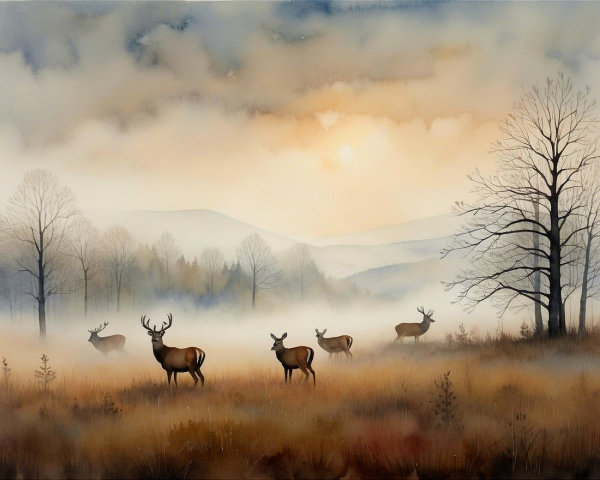 Misty Morning Forest Landscape with Grazing Deer