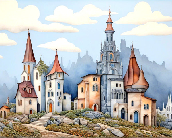 Whimsical Landscape with Fairy-Tale Castles and Houses