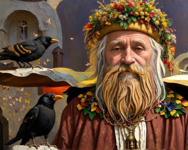Elderly man with floral beard in a whimsical setting