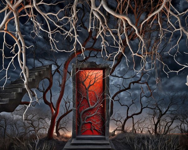Surreal Door Framed by Twisted Branches and Stairs
