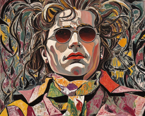 Vibrant Abstract Portrait with Flowing Hair and Sunglasses
