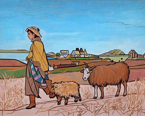 Young shepherd with sheep in a vibrant pastoral landscape