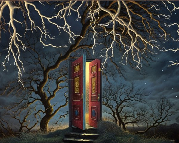 Surreal Landscape with Red Doors and Stormy Sky