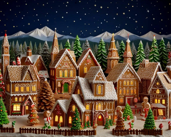 Gingerbread Village Scene with Festive Holiday Decor