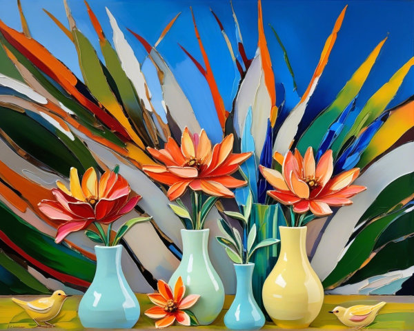 Vibrant Still Life with Colorful Vases and Flowers