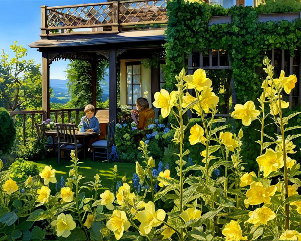 Sunlit garden with cottage, flowers, and rolling hills