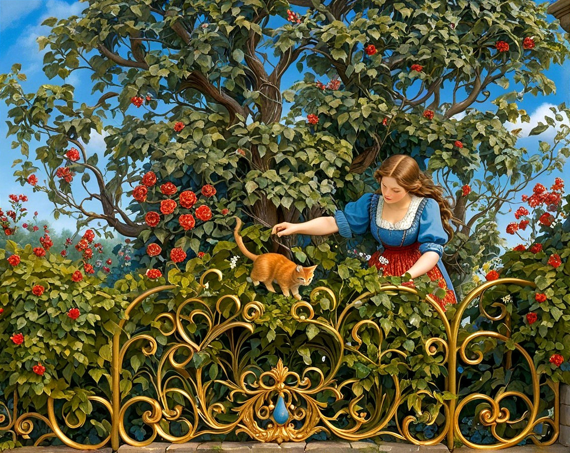 Young woman in blue blouse with playful orange cat