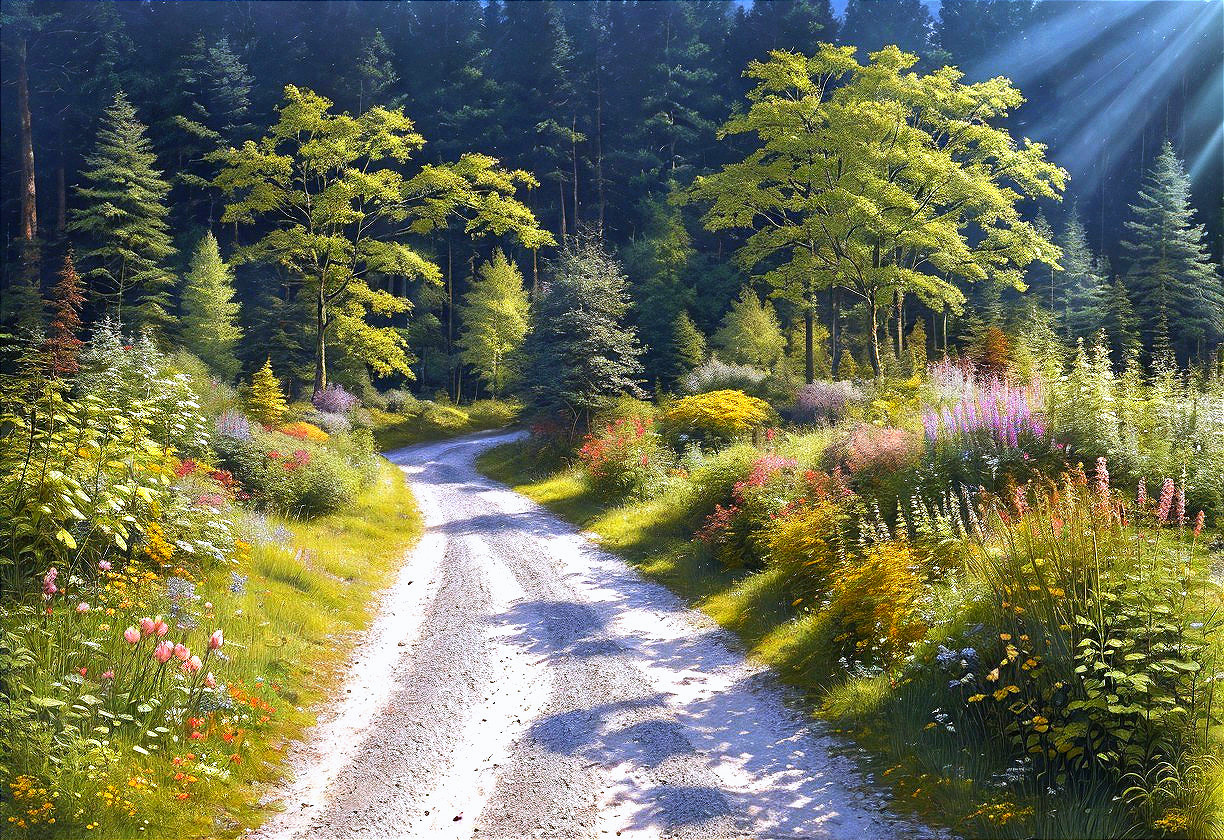 Serene Forest Path with Lush Greenery and Wildflowers