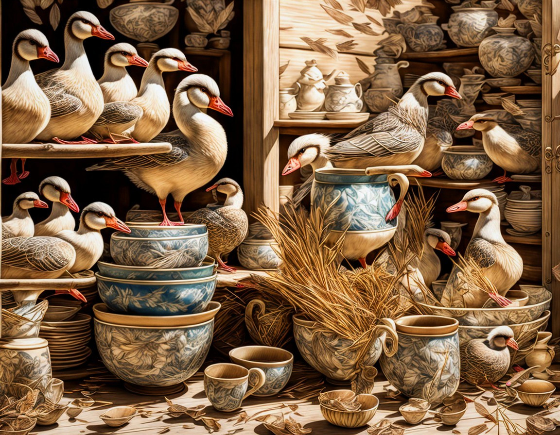 Geese in rustic interior with pottery shelves.