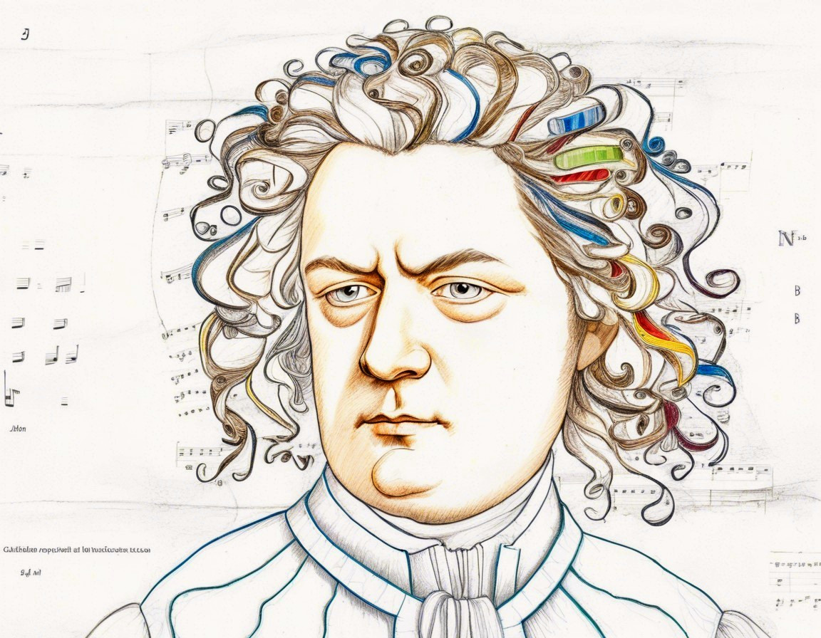 Stylized Portrait of a Composer with Colorful Hair