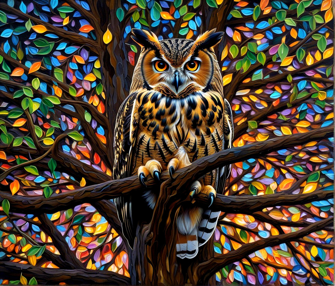 Majestic owl with orange eyes among colorful leaves
