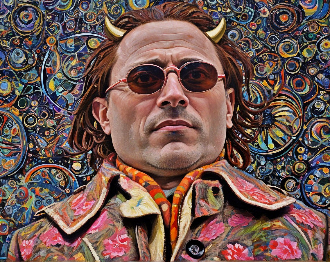 Man in Floral Coat with Devil Horns and Colorful Background