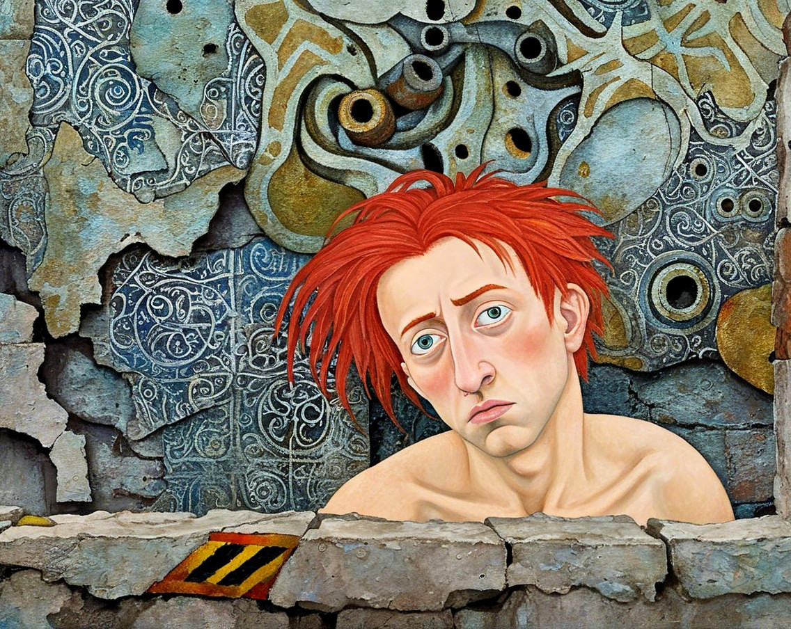 Young man with red hair in a crumbling wall artwork
