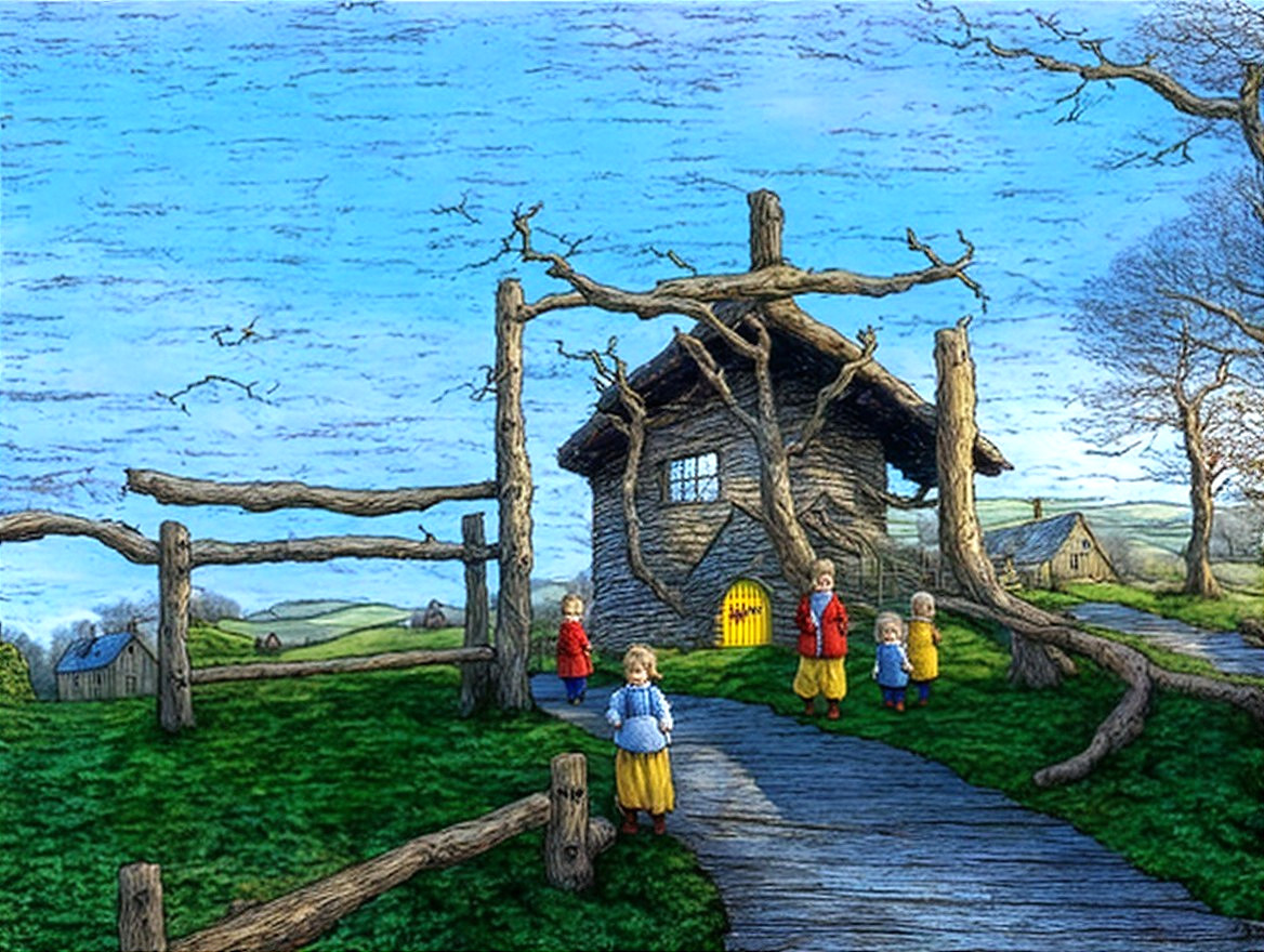 Whimsical Cottage Illustration with Children and Landscape