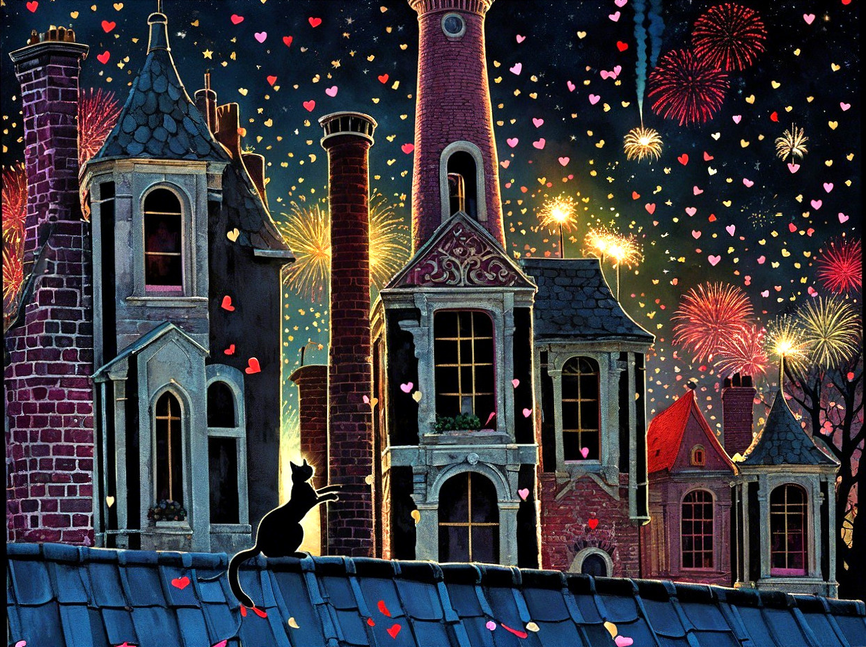 Black Cat Silhouette on Rooftop with Colorful Fireworks