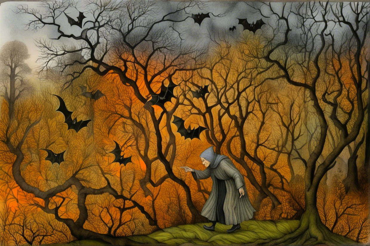 Cloaked Figure in Surreal Forest with Bats and Foliage