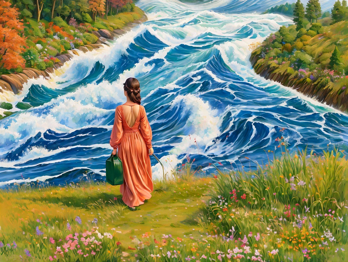 Woman in Orange Dress by Tumultuous River Landscape