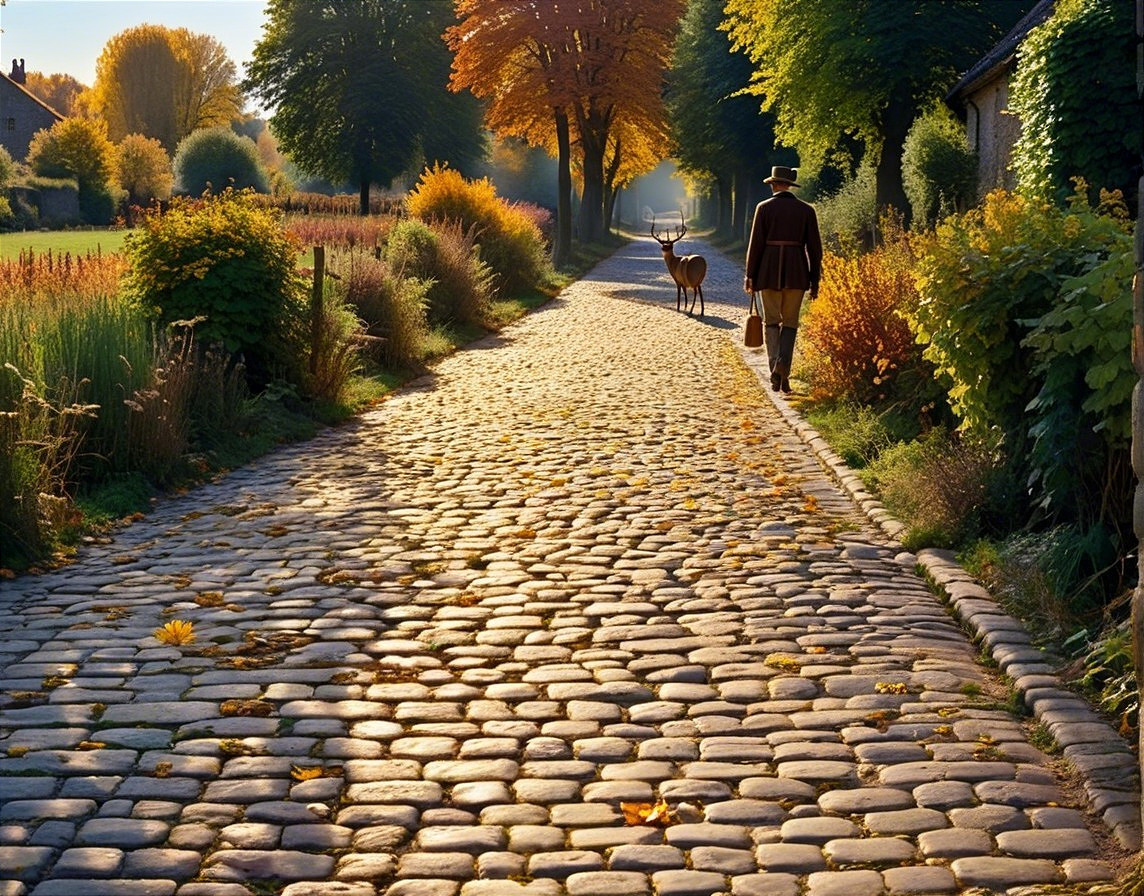 Autumn Pathway with Trees and a Strolling Man