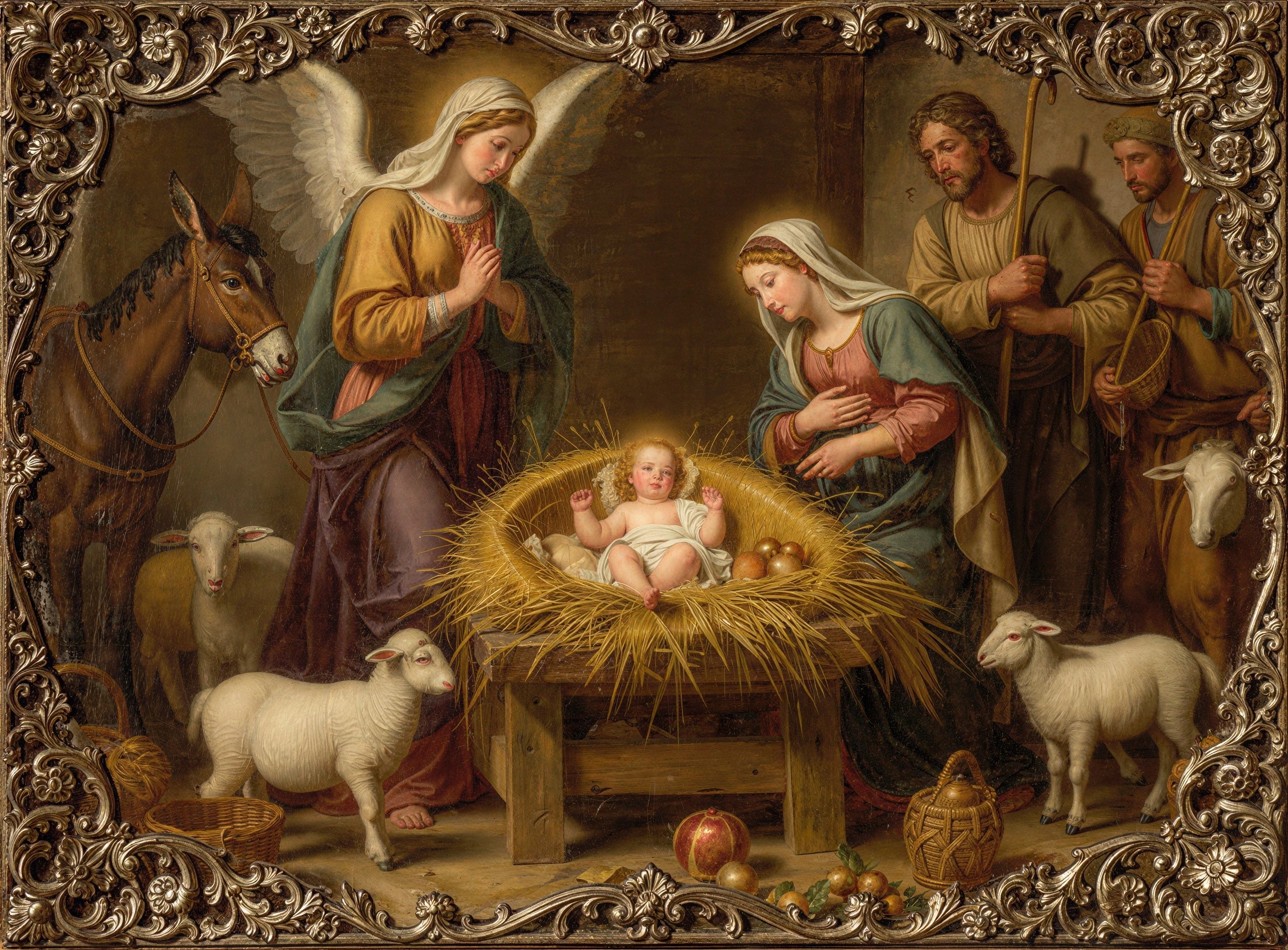 Detailed Oil Painting of the Nativity Scene