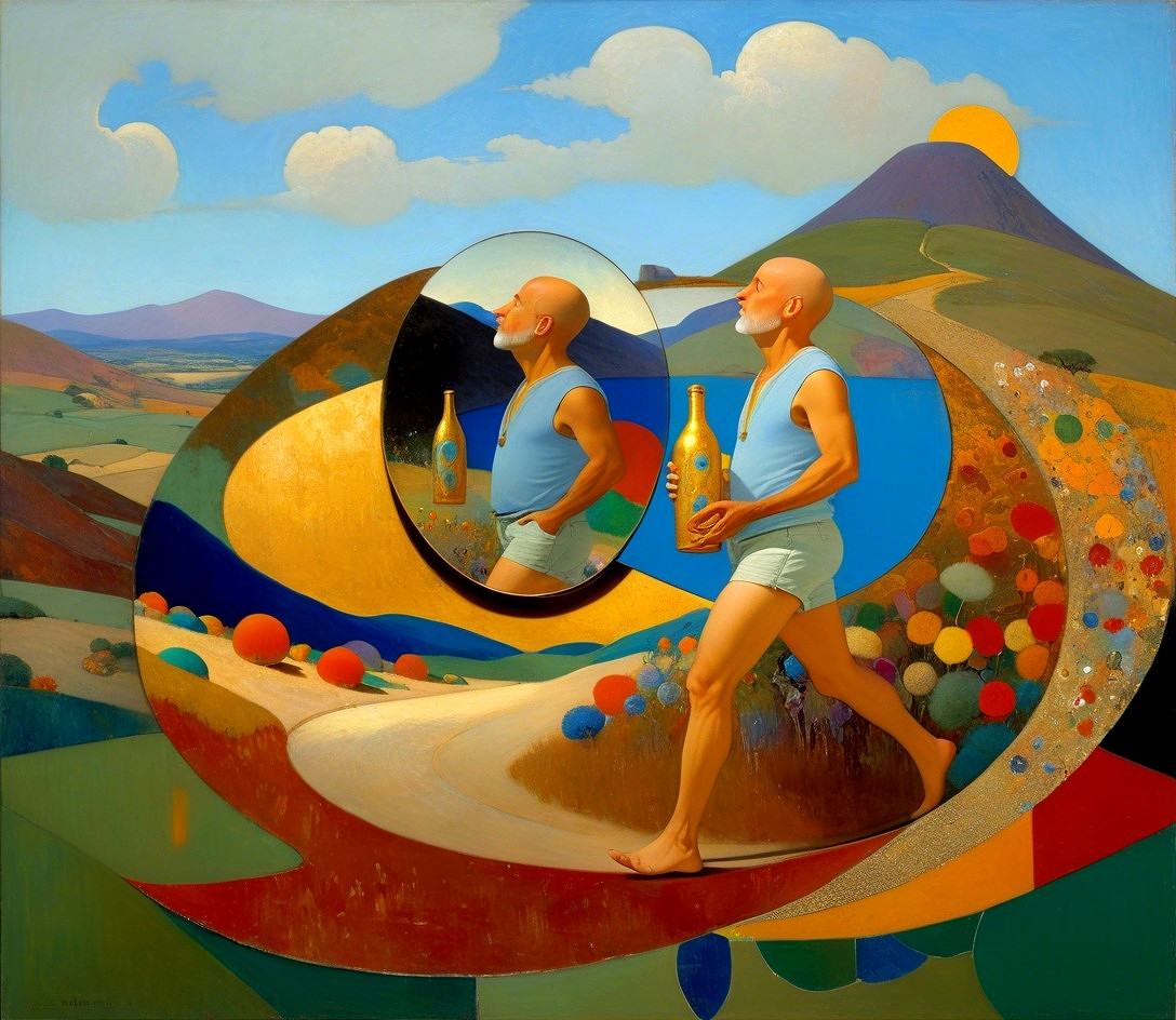 Colorful Landscape with Man Walking by Reflective Water