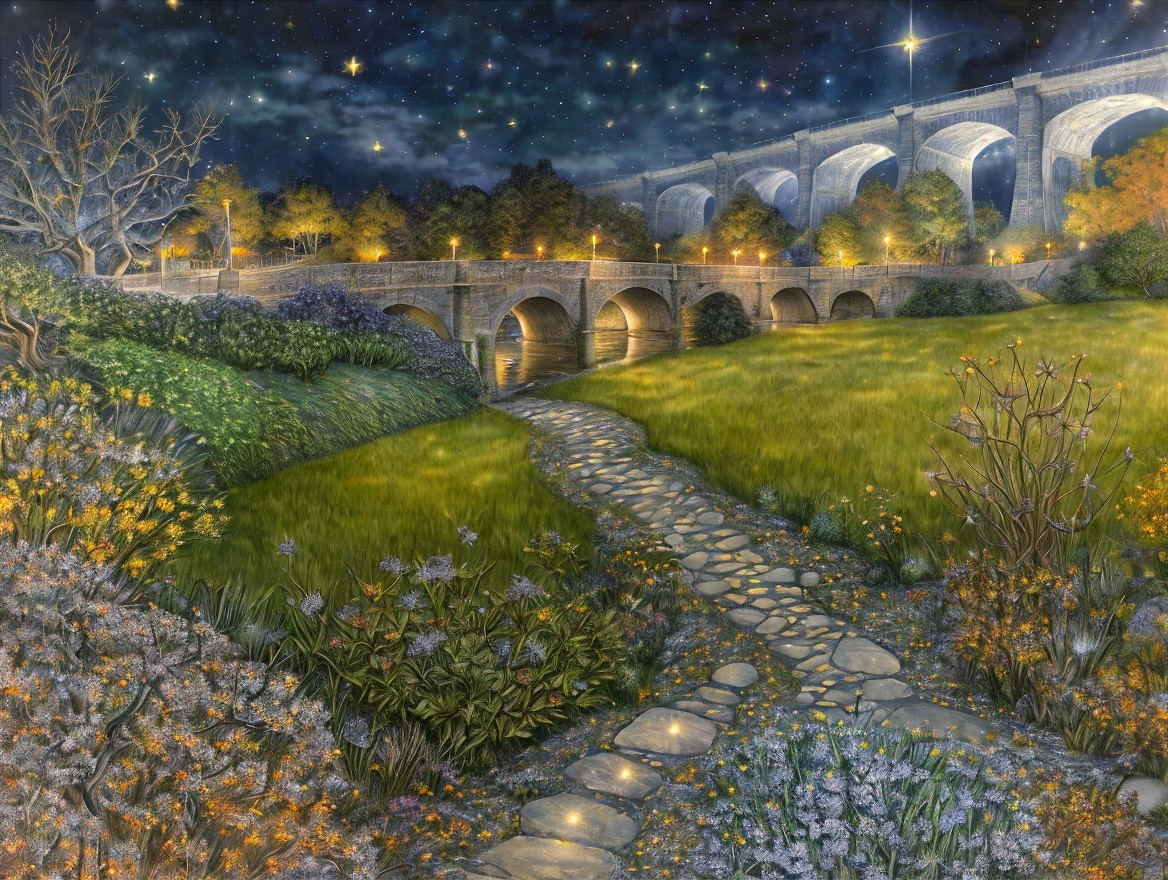 Serene Night Landscape with Stone Path and Viaduct