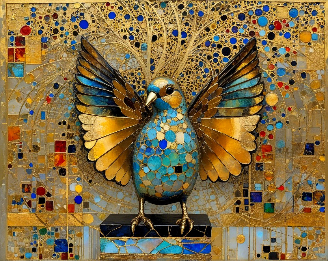 Brightly Colored Bird Sculpture with Mosaic Background