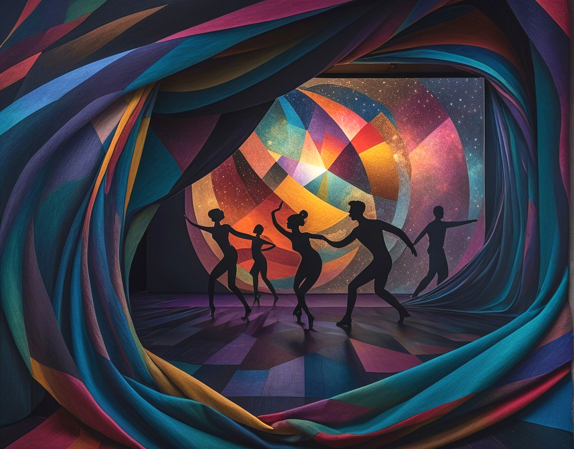 Abstract Dance Scene with Colorful Geometric Background