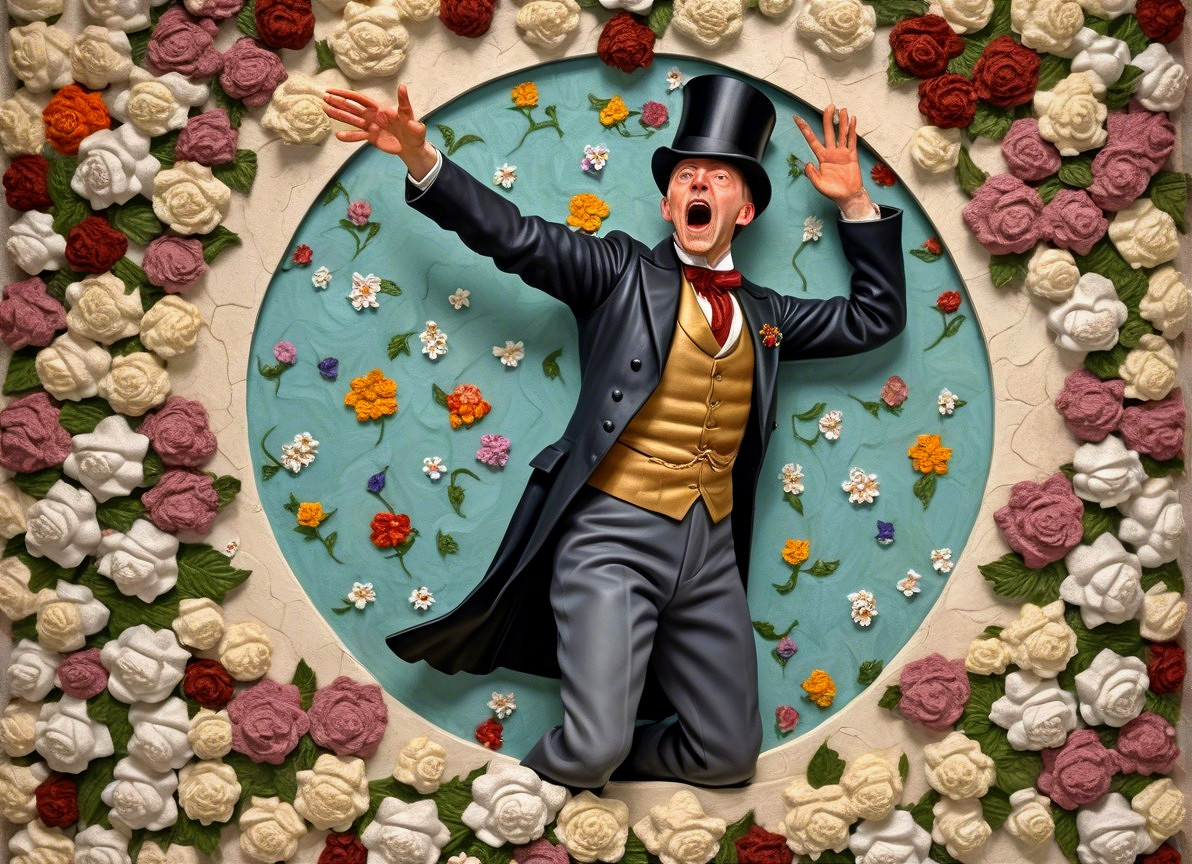 Dramatic Figure in Tuxedo Amid Colorful Roses