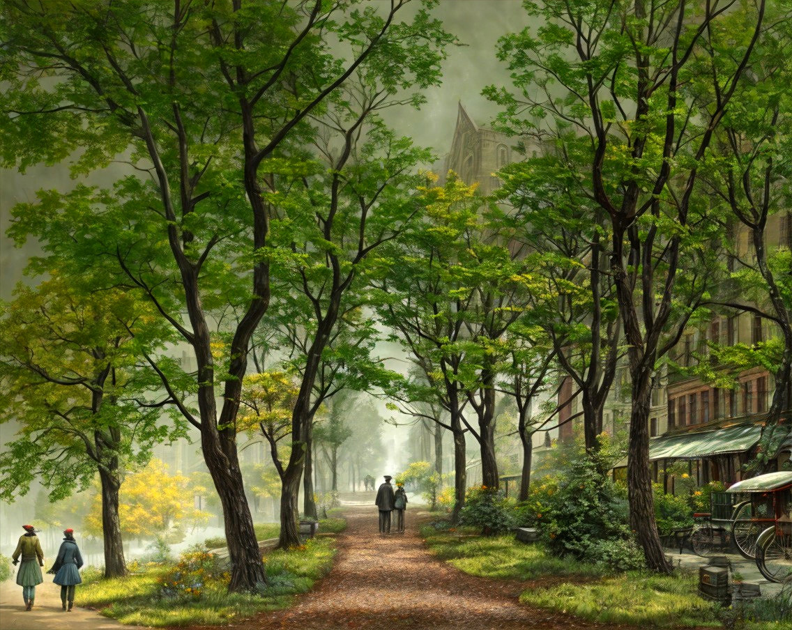 Serene Pathway Surrounded by Green Trees and Café