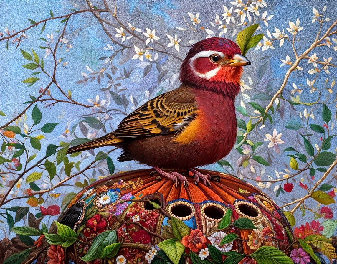 Vibrant Bird on Decorative Gourd with Floral Elements