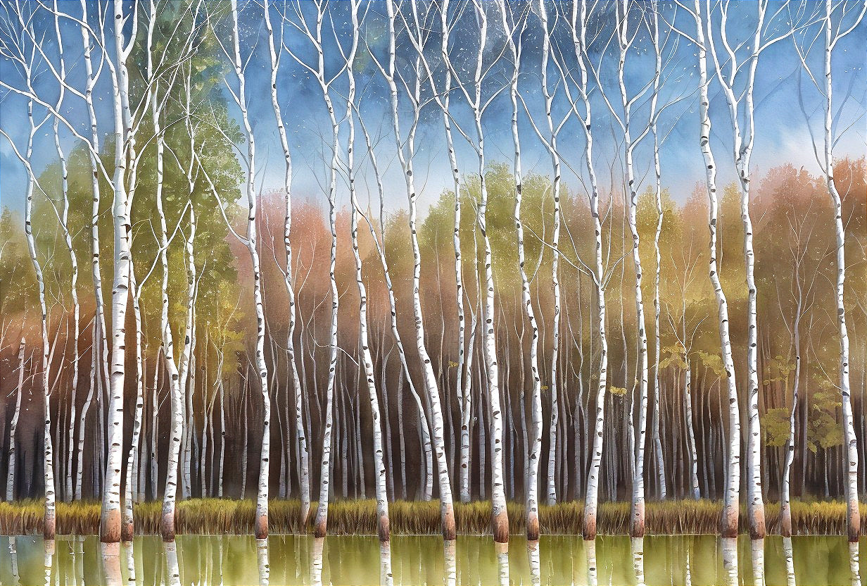 Serene Landscape of Birch Trees and Autumn Reflections