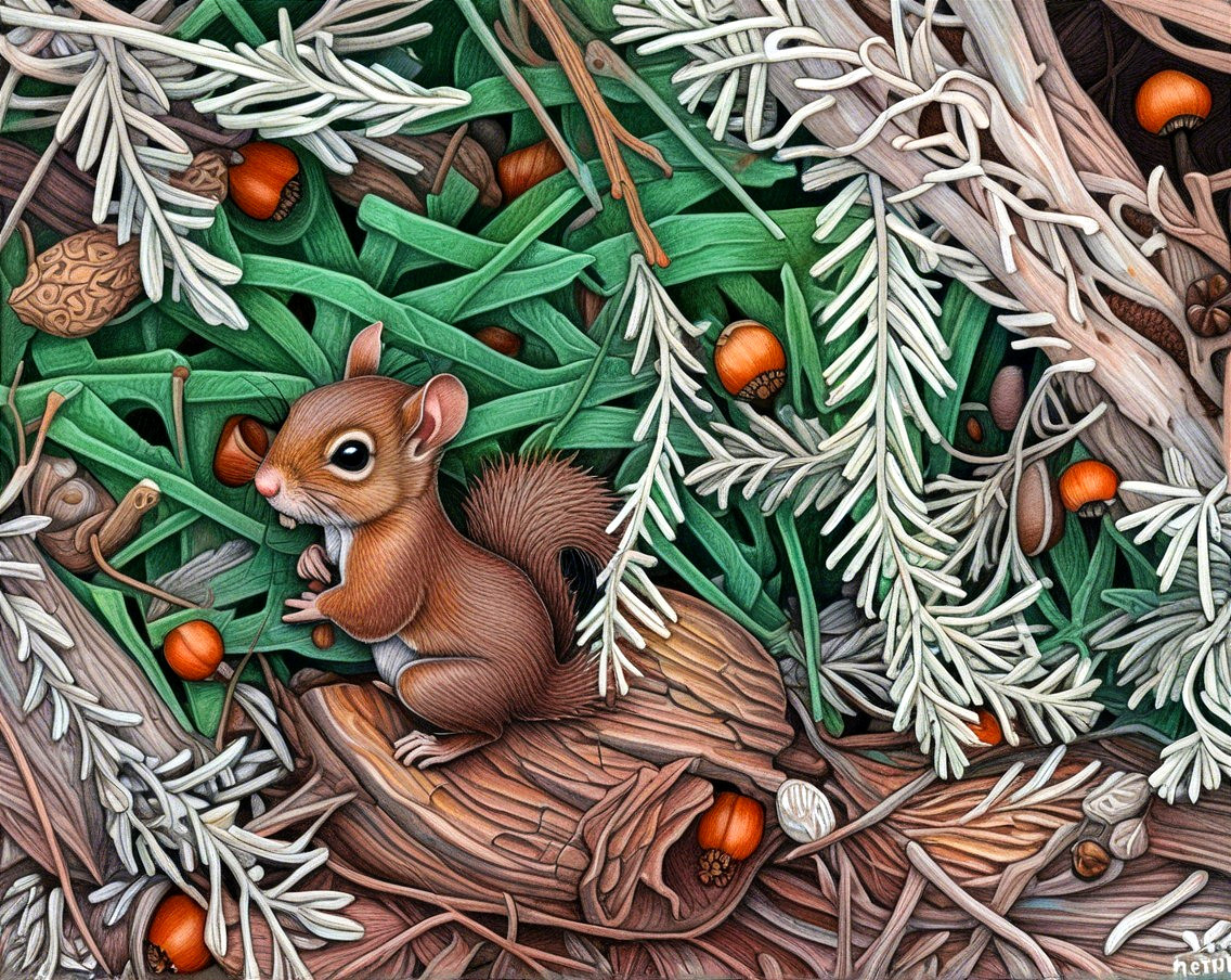 Squirrel with Acorn Surrounded by Grass and Leaves