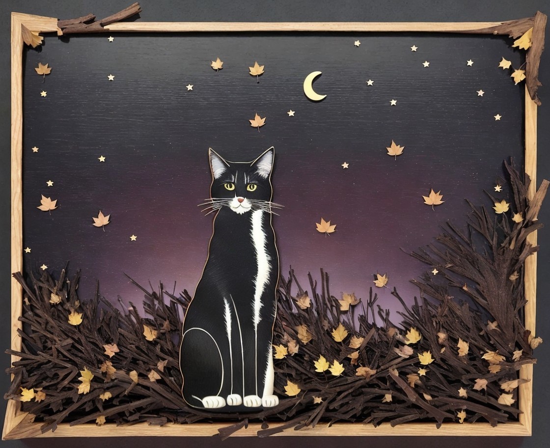 Black and white cat with stars and crescent moon backdrop