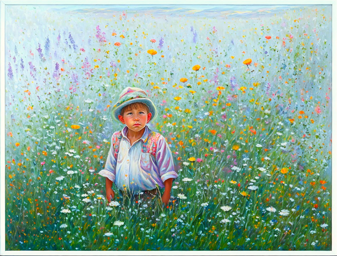 Child in Striped Shirt and Sun Hat in Colorful Wildflower Field