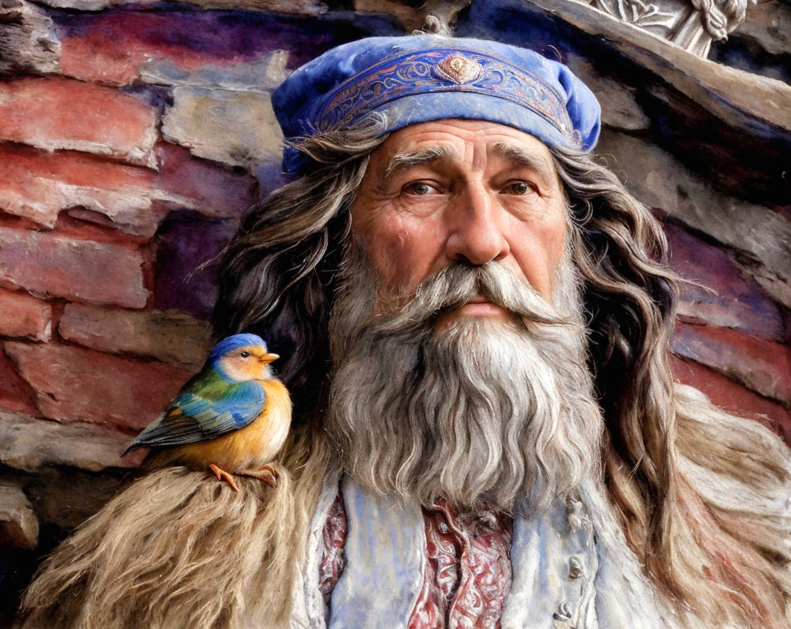Elderly man with bird against brick wall background