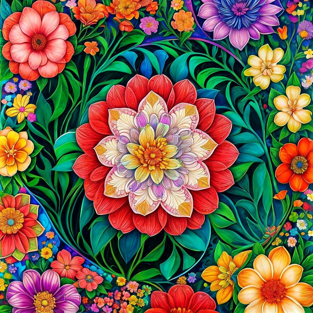 Vibrant Floral Artwork with Colorful Blooms and Leaves