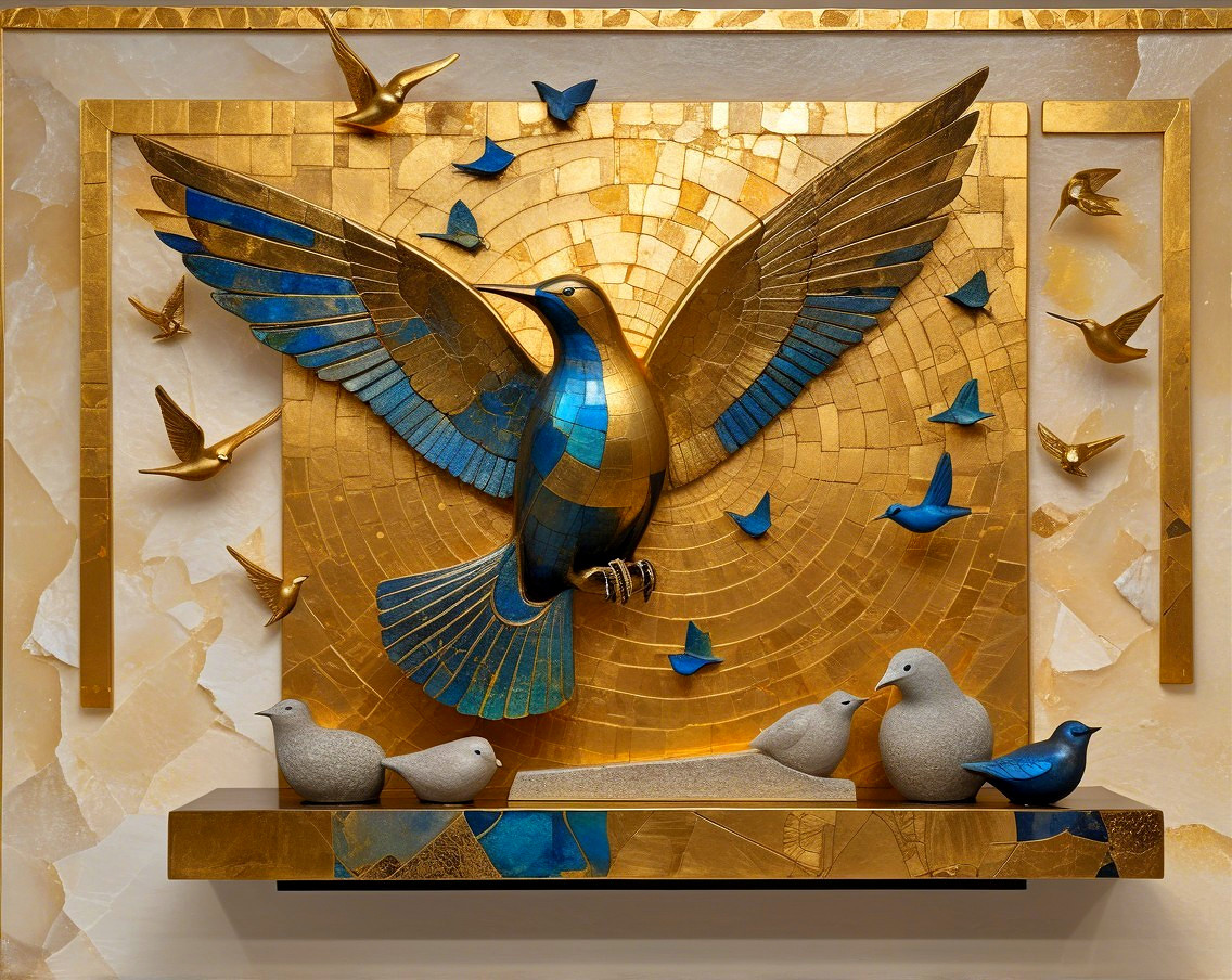 Golden and Blue Bird Relief with Intricate Background